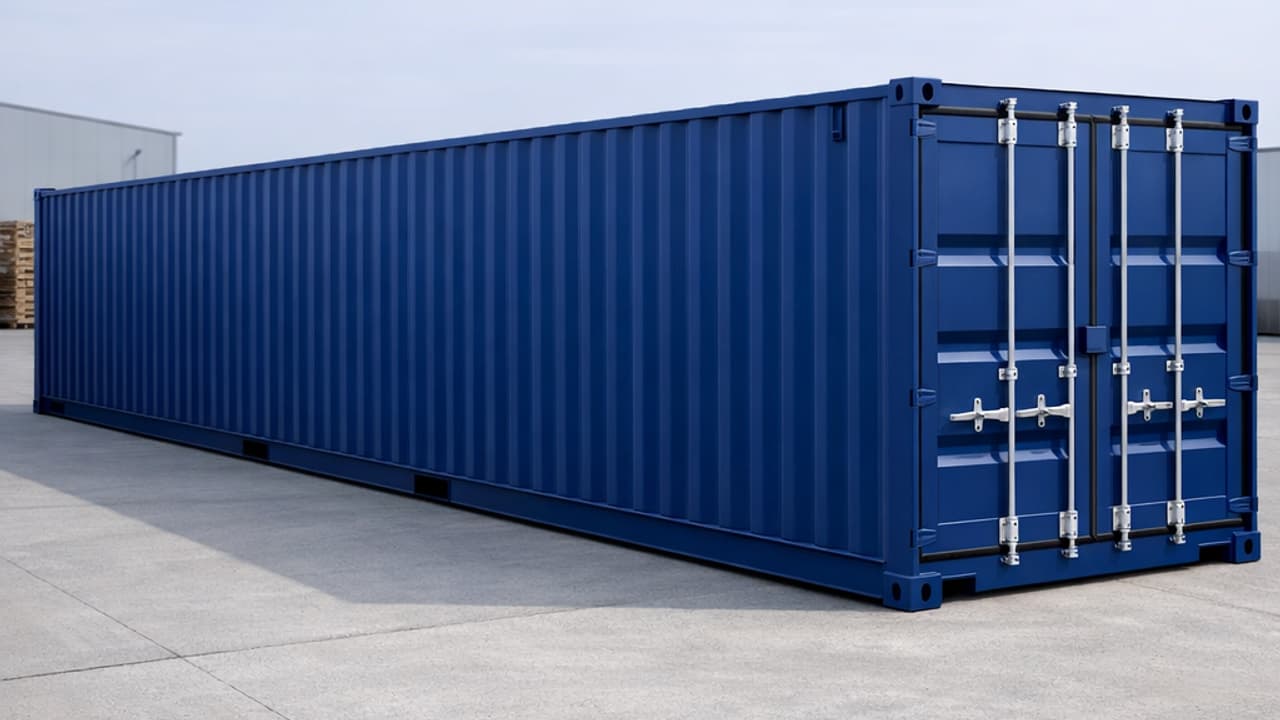 Blue RAL 5010 40-foot container three-quarter view