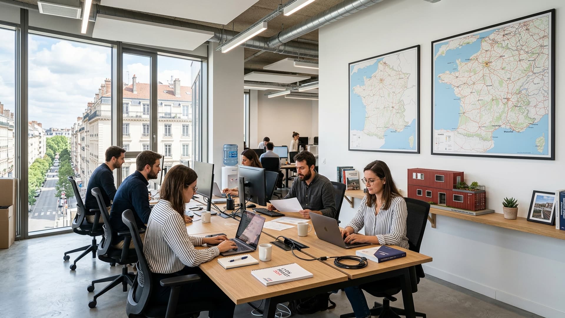 Modern editorial team workspace at ContainerEU: France maps on the wall and a shipping container model