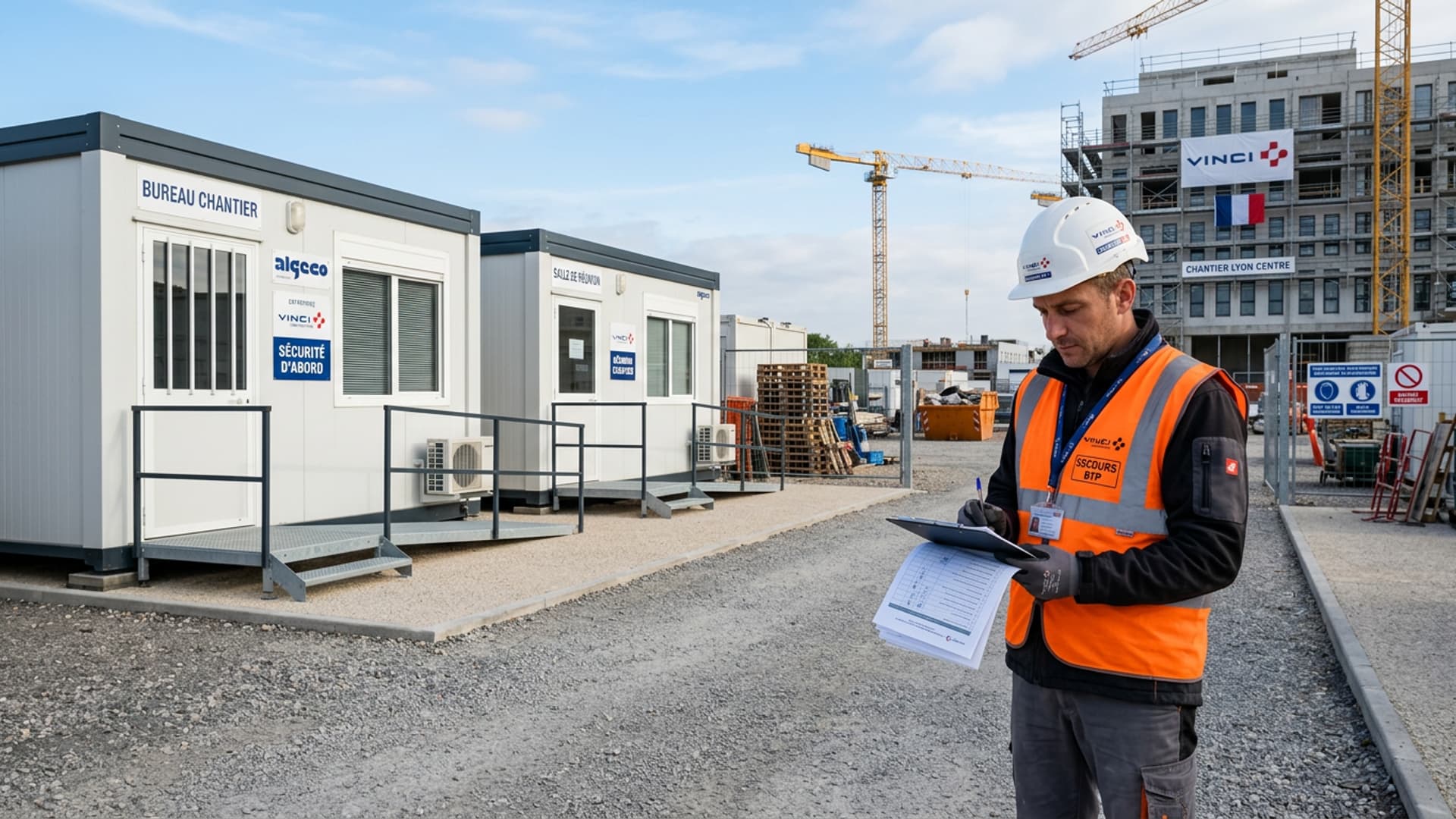 UK construction construction site with modular site accommodation units: white site bungalows, worker in high-visibility jacket