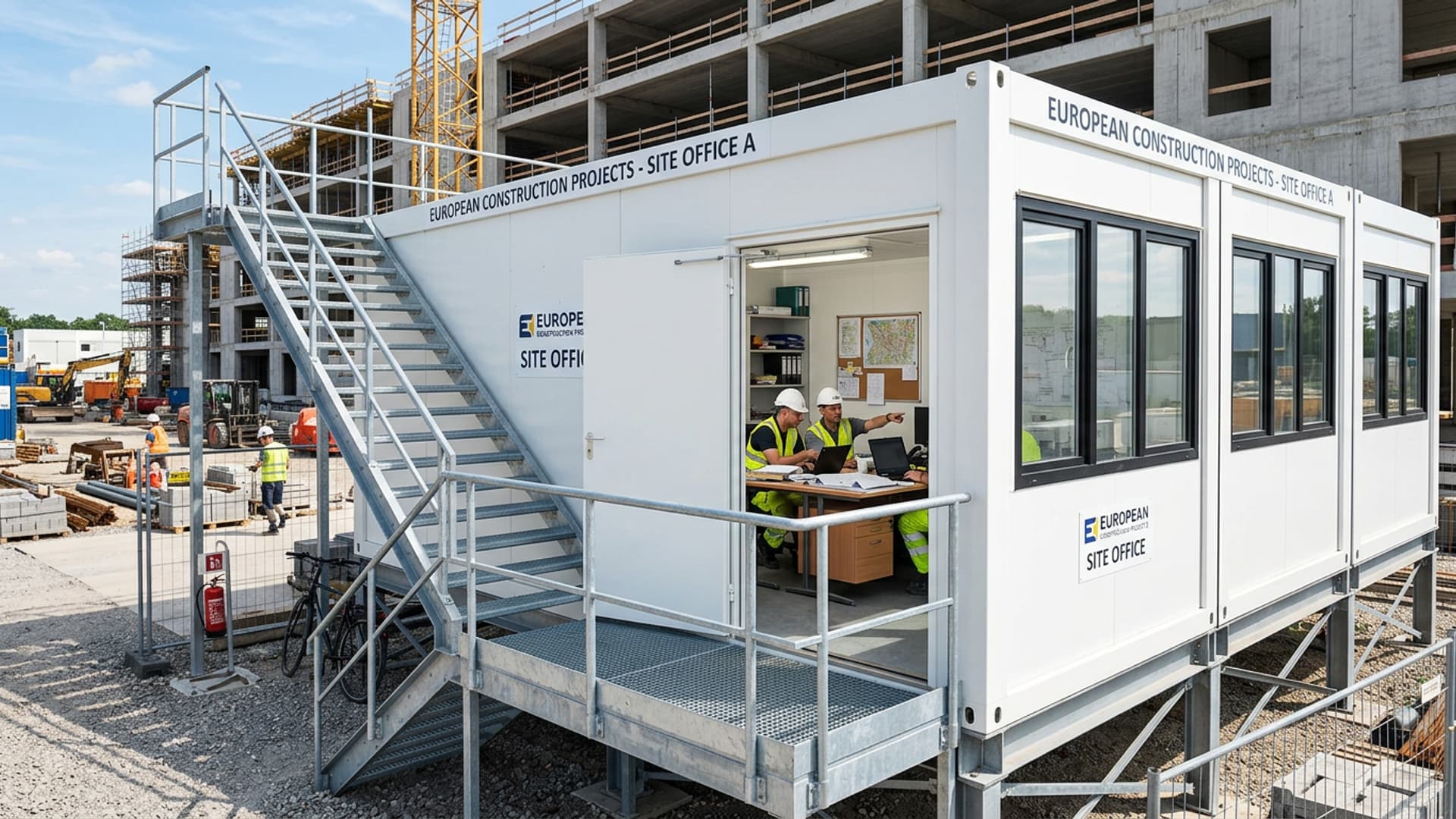 White modular site bungalow with large windows and external staircase, doors open