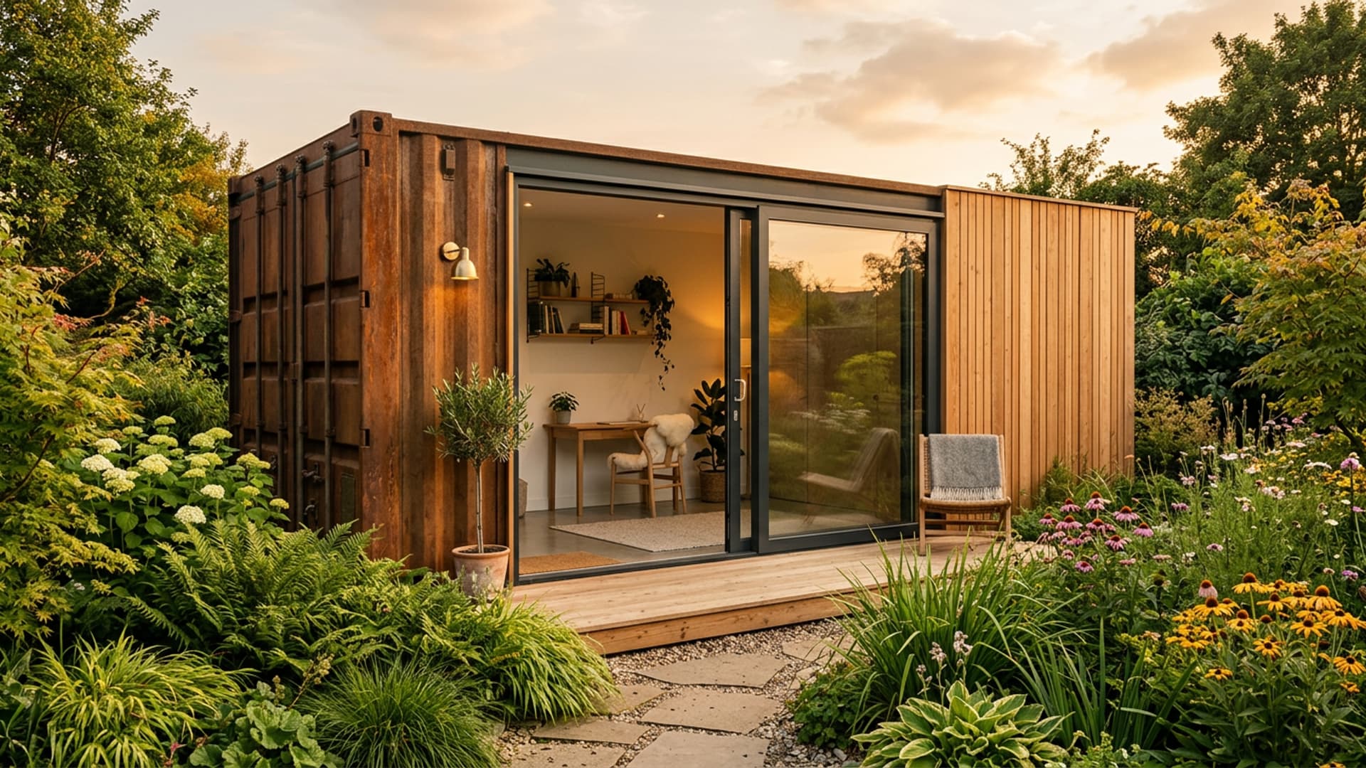 Shipping container converted into modern studio with large windows, visible wood and Corten steel cladding