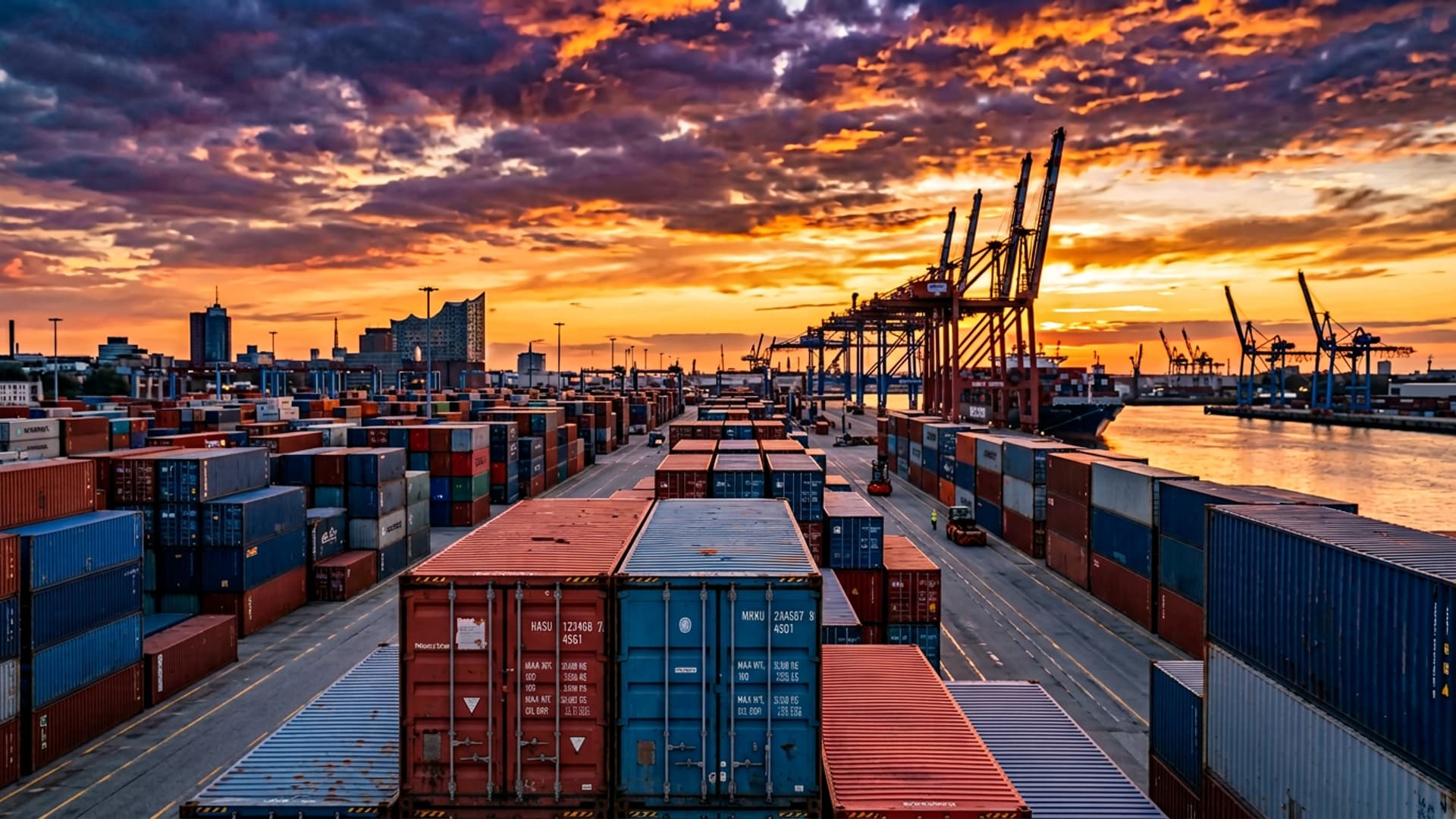 Stack of blue, red and grey shipping containers in an European port terminal at sunset