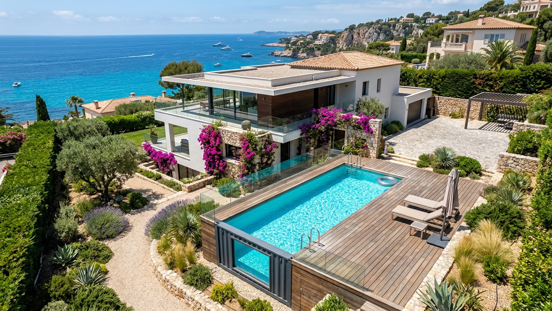 Rectangular shipping container pool by a Mediterranean villa, turquoise water and exotic wood terrace