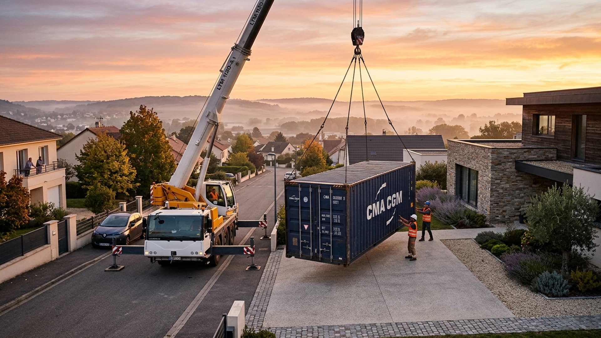 Dark blue shipping container delivered at sunset in a French residence by a ContainerEU truck crane