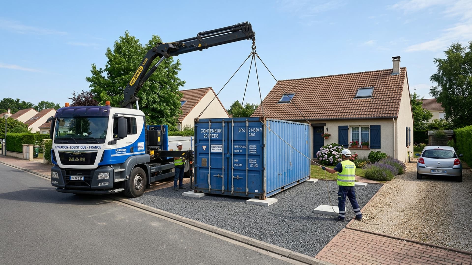 A blue 20ft shipping container being delivered by crane truck on a prepared site in front of a French house