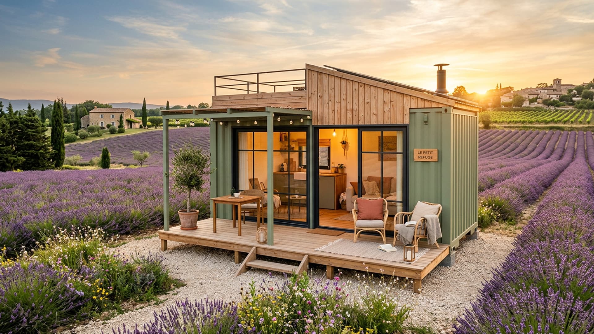 Tiny house container in Provence at sunset, wooden terrace and outdoor furniture
