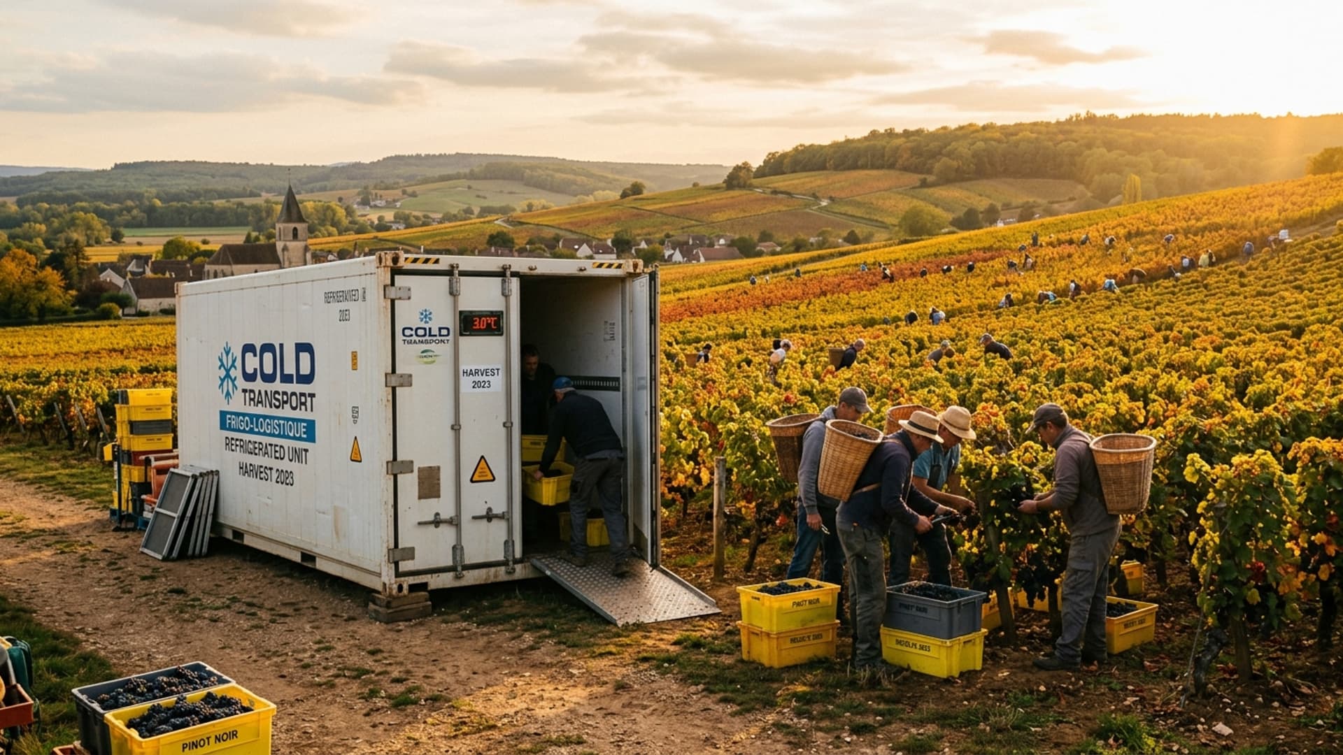 French vineyard during harvest with a refrigerated container positioned next to the grapes