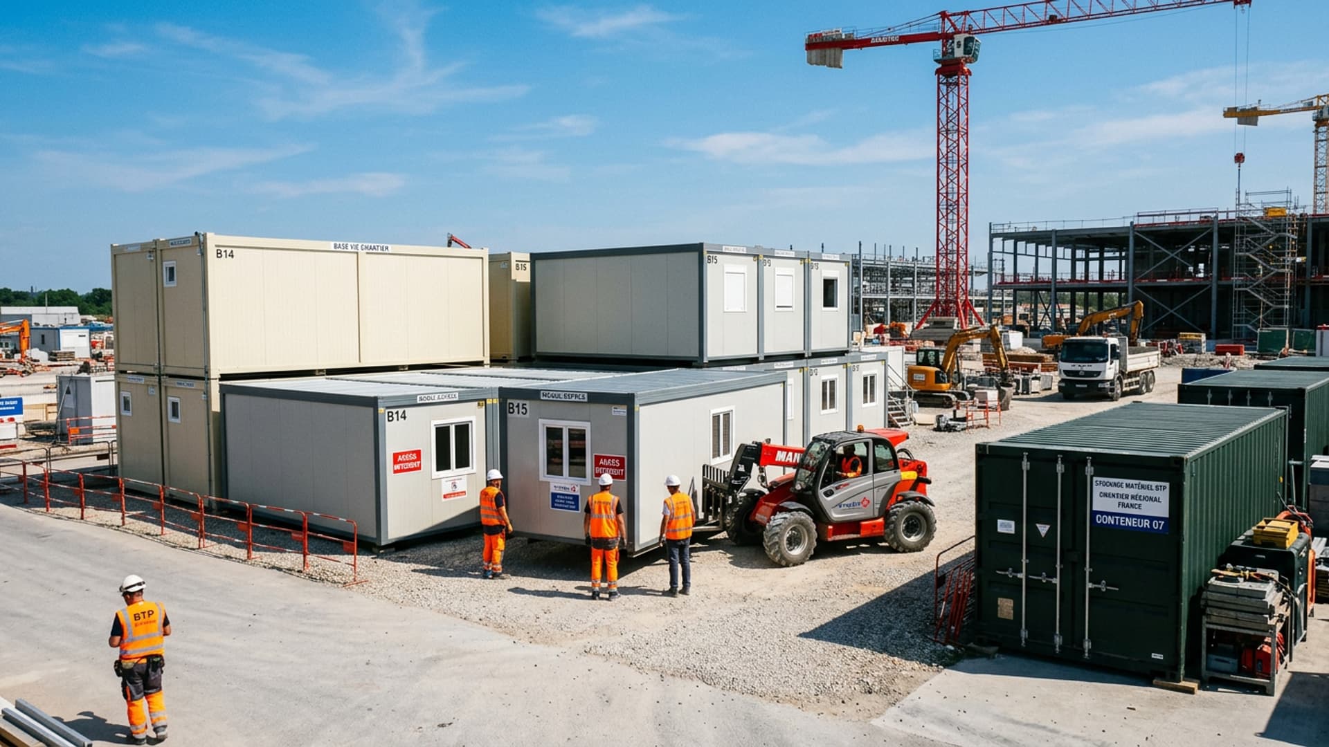 French construction site with workers in high-visibility vests organising modular site accommodation units and shipping container storage
