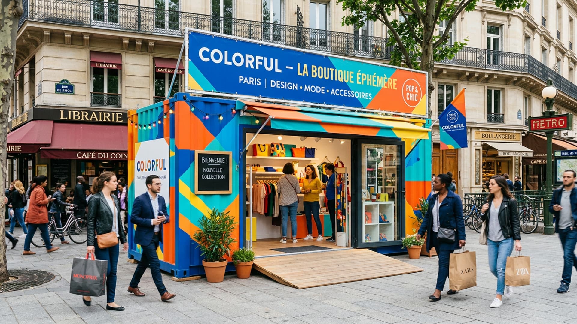 Colourful pop-up store in a shipping container on a French high street