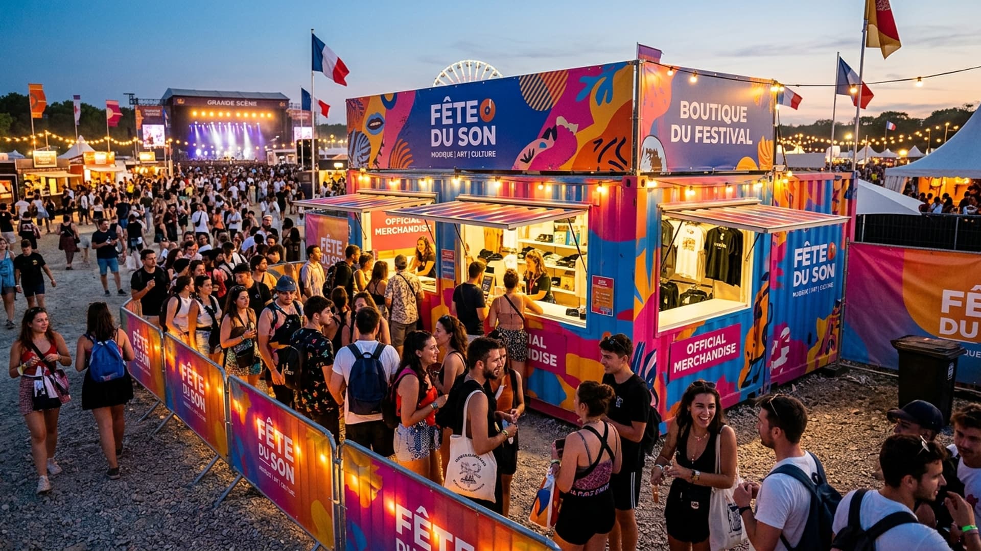 Pop-up store container during a French festival in summer evening, colourful graphic design