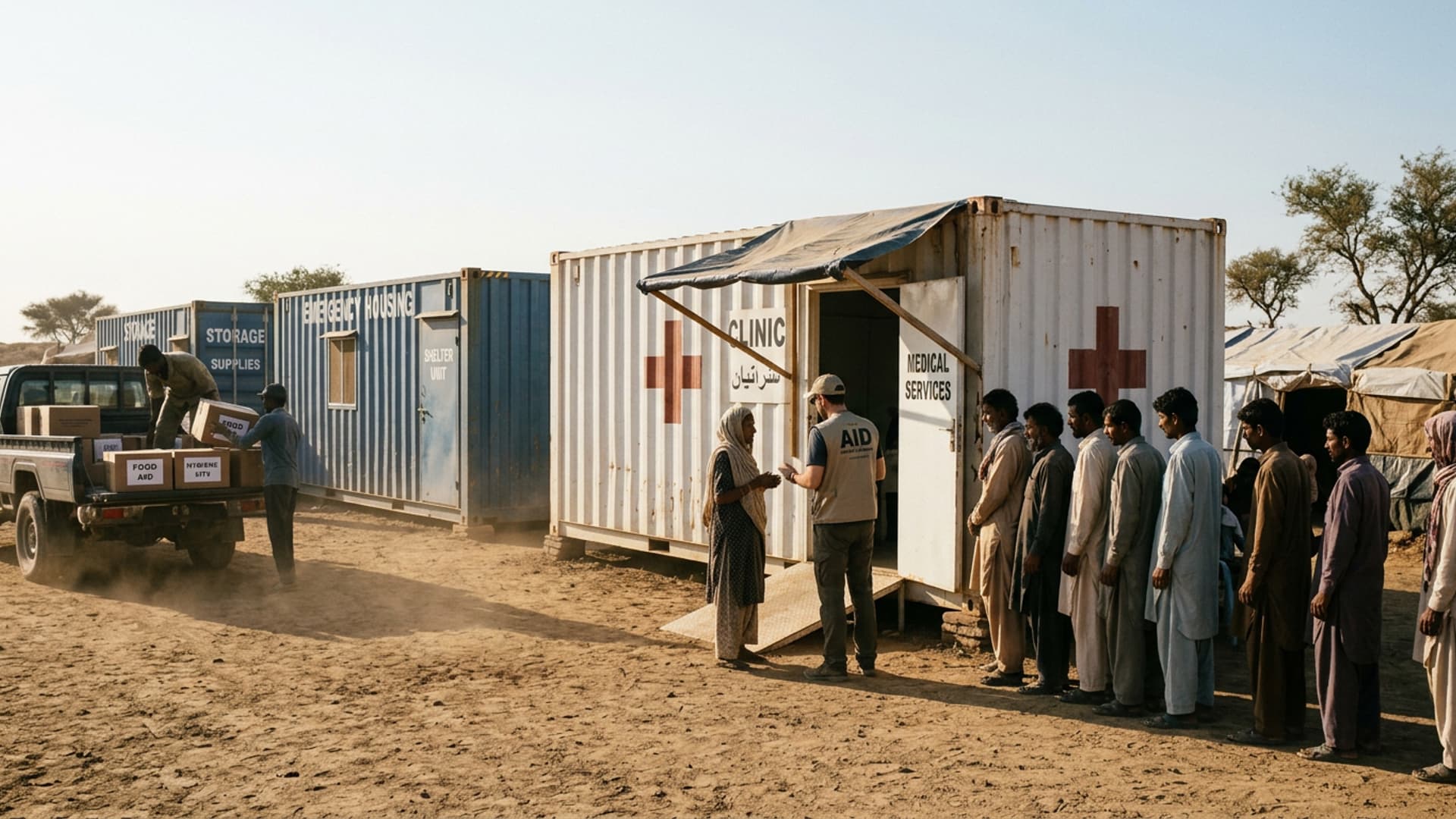 Despliegue humanitario con contenedores marítimos utilizados como clínica móvil, alojamiento de emergencia y almacenamiento