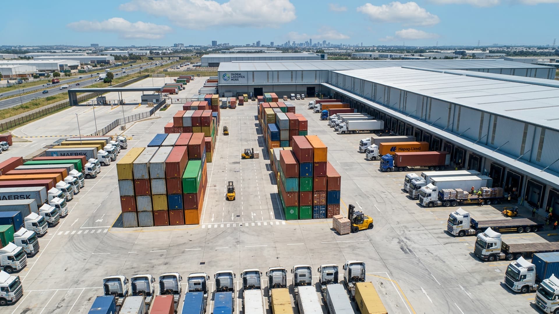 Logistics yard with stacked containers, forklift moving pallets and loading docks