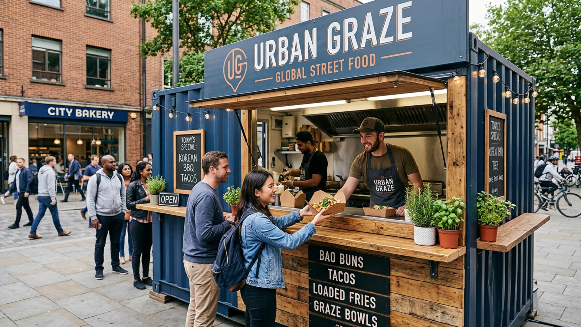 Modern food truck built from a shipping container with wooden service counter and customers in line