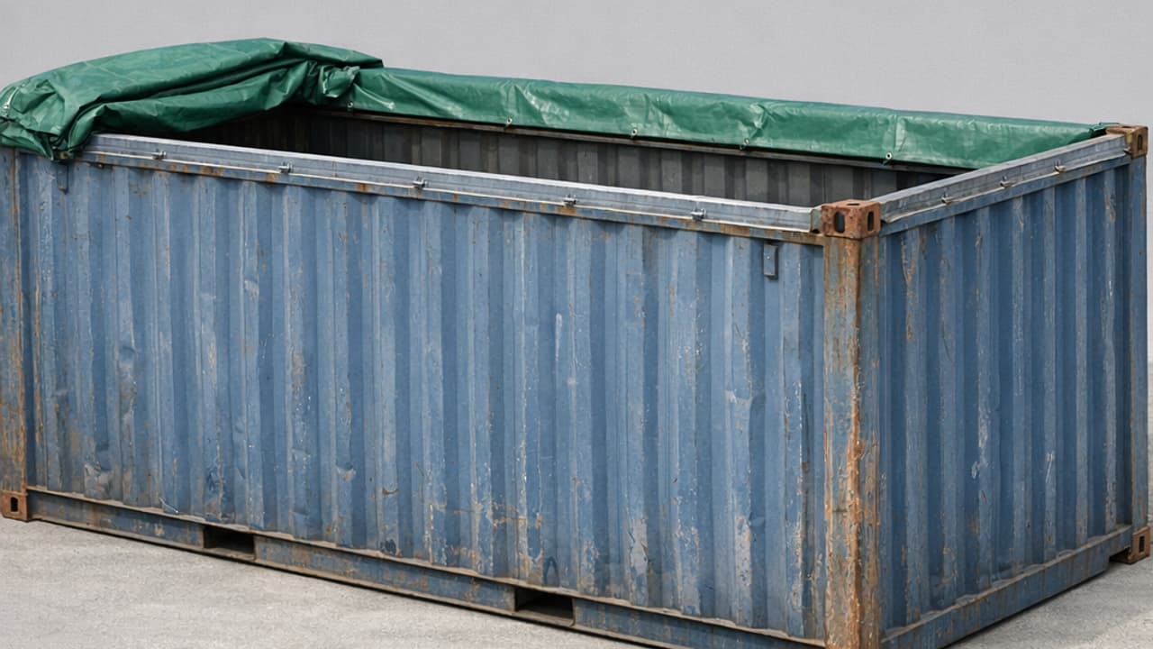 Used open top container 40 feet, PVC tarpaulin stretched